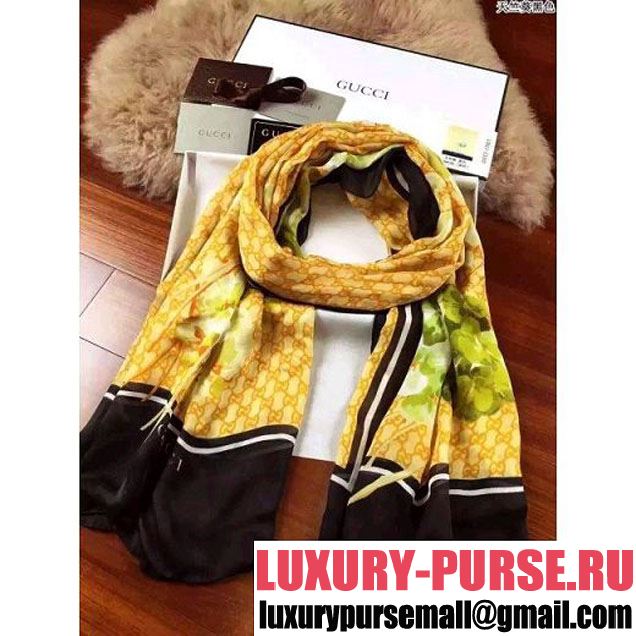 Gucci Silk Twill Flower Print Long Scarf (28) Yellow 2016 (A0-6040154 )