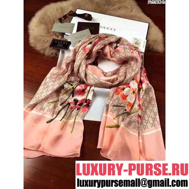 Gucci Silk Twill Flower Print Long Scarf (29) Pink 2016 (A0-6040153 )