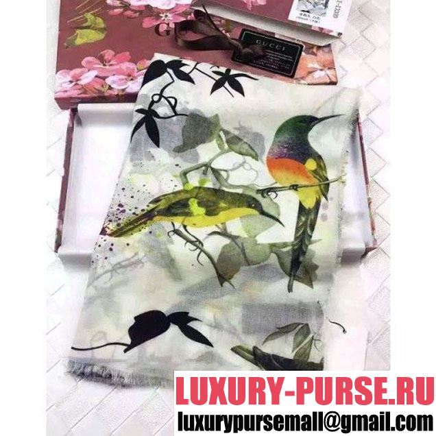 Gucci Cashmere Wool Birds Print Stole Scarf Pink (36) 2016 (A-6072944 )