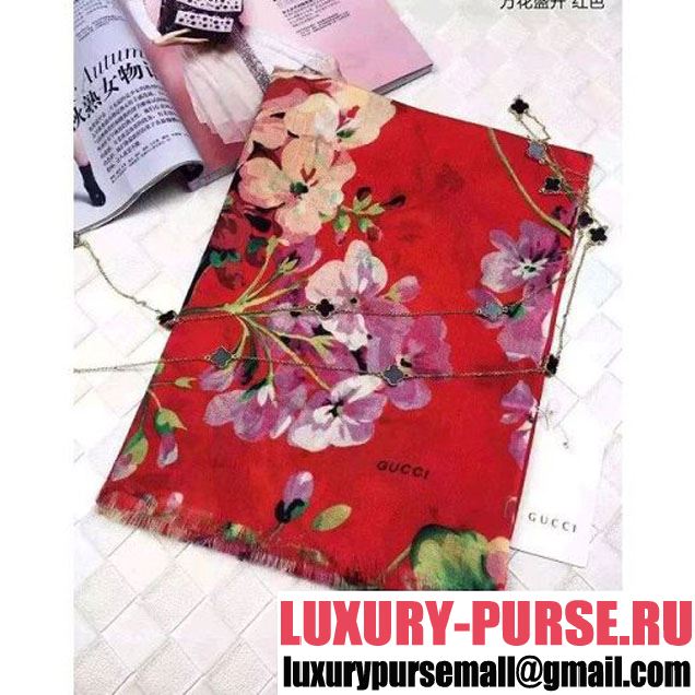 Gucci 406227 Cashmere Wool Blooms Print Stole Scarf Red (37) 2016 (A-6072945 )