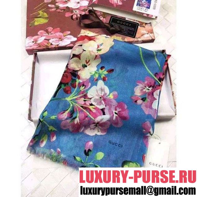 Gucci 406227 Cashmere Wool Blooms Print Stole Scarf Blue (38) 2016 (A-6072946 )