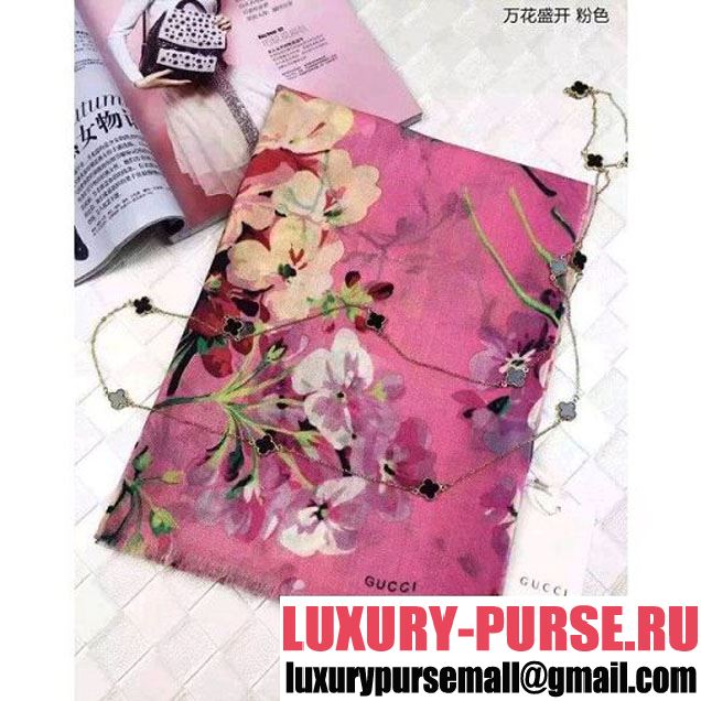 Gucci 406227 Cashmere Wool Blooms Print Stole Scarf Pink (39) 2016 (A-6072947 )