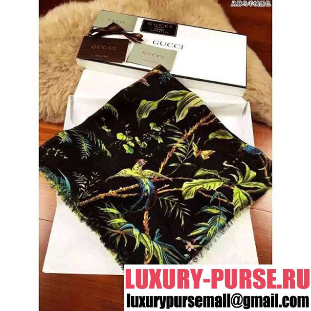 Gucci Cashmere Wool Tropical Print Square Scarf Black (64) 2016 (A-6073043 )