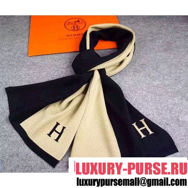 Hermes Two-tone Wool Long Scarf For Men Black/Apricot 2015 (A0-113031 )