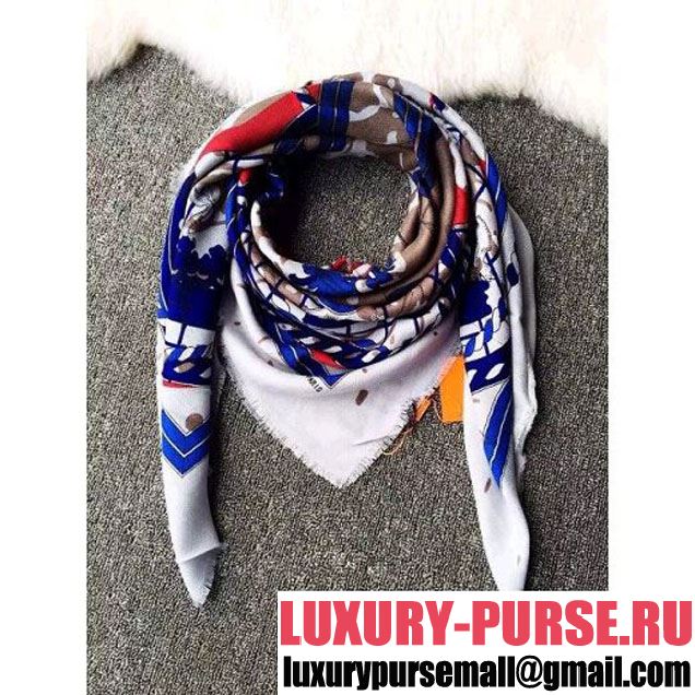 Hermes Buckle Pattern Cashmere Twill Scarf White/Royal Blue 2015 (A0-113040 )