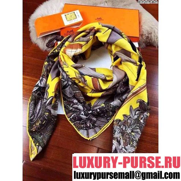 Hermes Sailboat Pattern Cashmere Twill Scarf Yellow 2015 (A0-113043 )