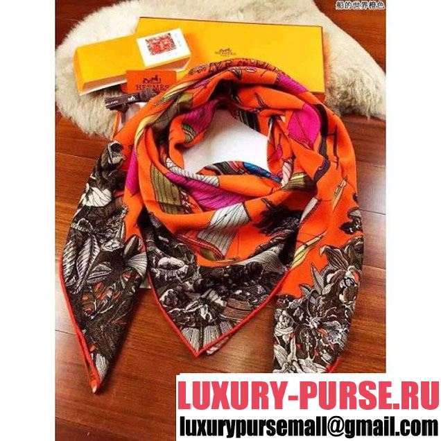 Hermes Sailboat Pattern Cashmere Twill Scarf Orange 2015 (A0-113045 )