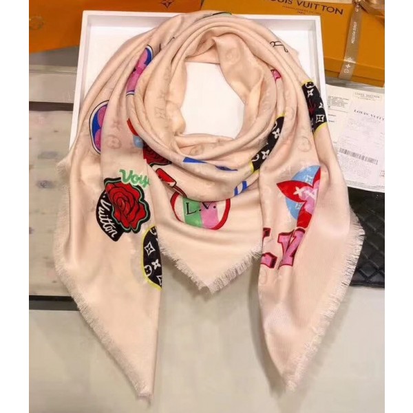 Louis Vuitton Wool and Silk Stories Monogram Shawl Pink 19 2018 Collection