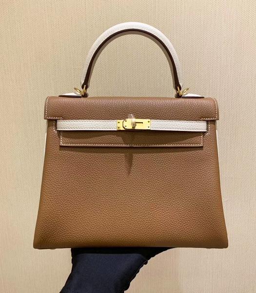 Hermes Kelly 25cm Bag Brown/White Imported Epsom Leather Golden Metal