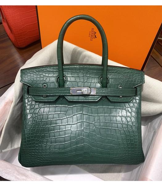 Hermes Birkin 30cm Bag Dark Green Real Croc Leather Silver Metal