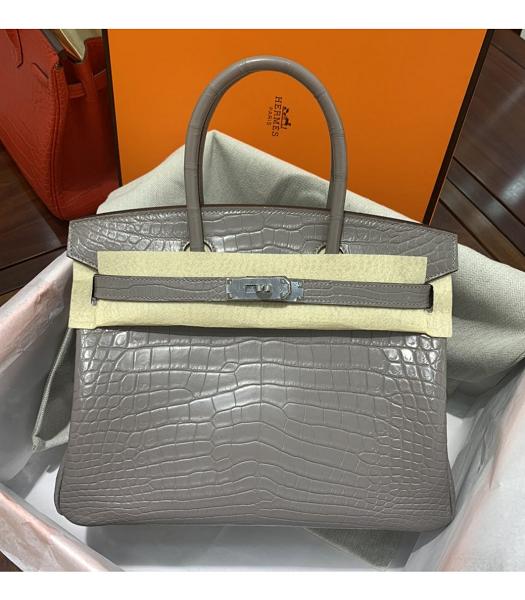 Hermes Birkin 30cm Bag Grey Real Croc Leather Silver Metal