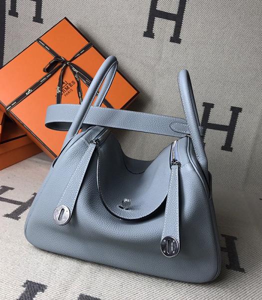 Hermes Lindy 26cm Tote Bag Light Blue Togo Leather Silver Metal