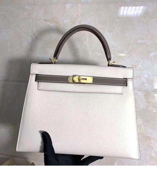 Hermes Kelly 28cm White/Grey Imported Lambskin Leather Bag Golden Metal