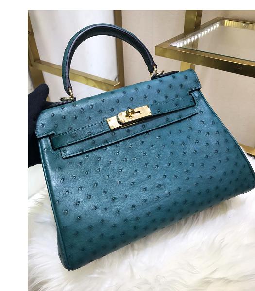 Hermes Kelly 28cm Green Real Ostrich Leather Bag Golden Metal