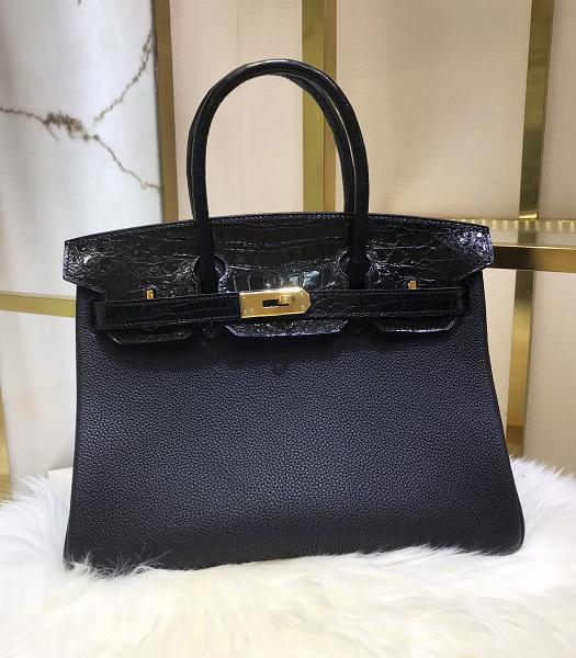 Hermes Birkin 30cm Bag Black Real Croc With Togo Leather Golden Metal