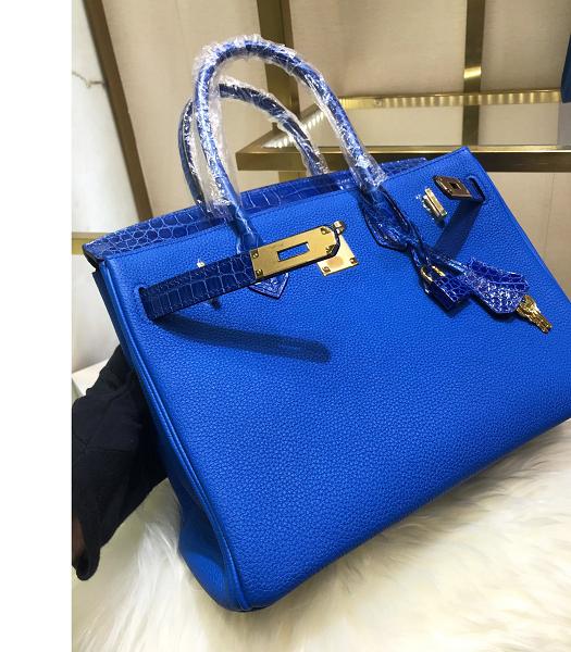 Hermes Birkin 30cm Bag Blue Real Croc With Togo Leather Golden Metal