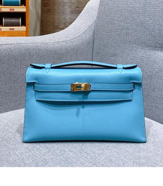 Hermes Kelly 22cm Bag Sky Blue Imported Swift Leather Golden Metal