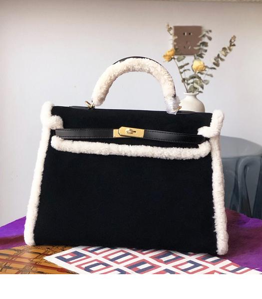 Hermes Kelly 25cm Bag Wool With Black Suede Leather Golden Metal