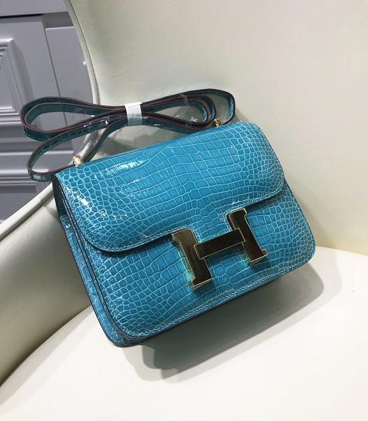 Hermes Constance 24cm Bag Lake Blue Real Croc Leather Gold Metal