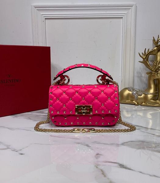 Valentino Garavani Rockstud Spike Fuchsia Soft Wrinkle Veins Lambskin 17cm Top Handle Chain Bag