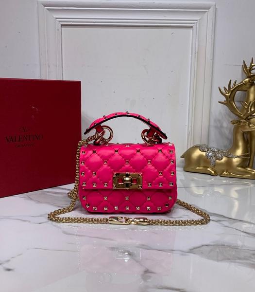 Valentino Garavani Rockstud Spike Fuchsia Soft Wrinkle Veins Lambskin 14cm Top Handle Chain Bag