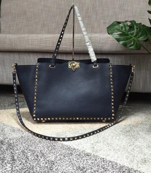 Valentino Rockstud Golden Rivet Sapphire Blue Litchi Calfskin Leather Tote Shopping Bag