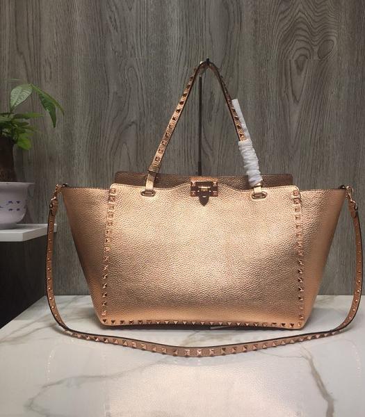 Valentino Rockstud Golden Rivet Champagne Golden Imported Litchi Calfskin Leather Tote Shopping Bag