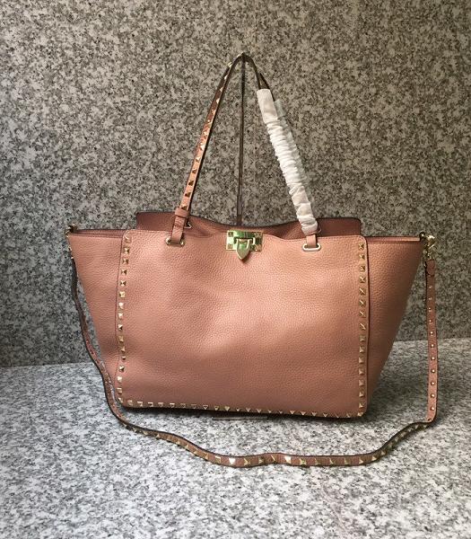 Valentino Rockstud Golden Rivet Nude Pink Imported Litchi Calfskin Leather Tote Shopping Bag