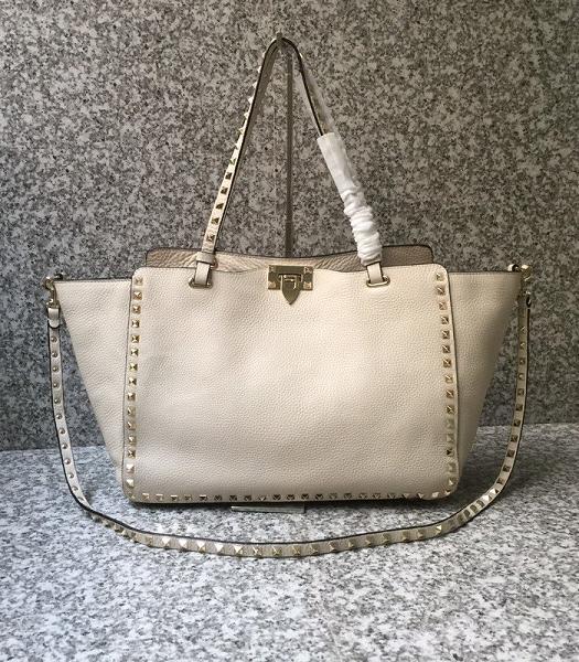 Valentino Rockstud Golden Rivet Offwhite Litchi Calfskin Leather Tote Shopping Bag