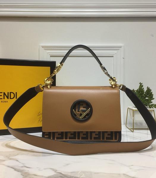 Fendi Kan I F Logo FF With Brown Calfskin Leather Top Handle Shoulder Bag