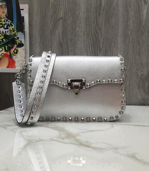 Valentino Garavani Rockstud Rolling Steel Rivet Silver Original Calfskin Leather Shoulder Bag