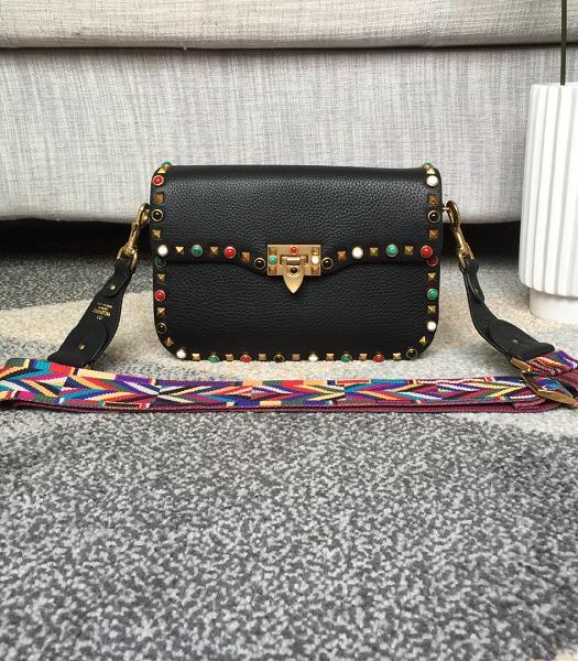 Valentino Garavani Rockstud Rolling Colors Diamond Fabric Strap Black Original Calfskin Leather Shoulder Bag