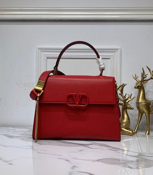 Valentino Garavani Vsling Red Palm Veins Calfskin Leather Tote Bag