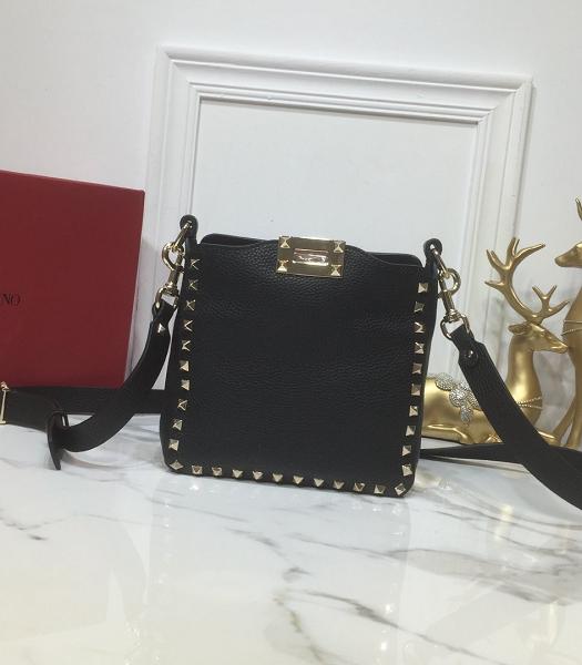 Valentino Garavani Rockstud Golden Rivet Black Litchi Calfskin Leather Mini Hobo Bag