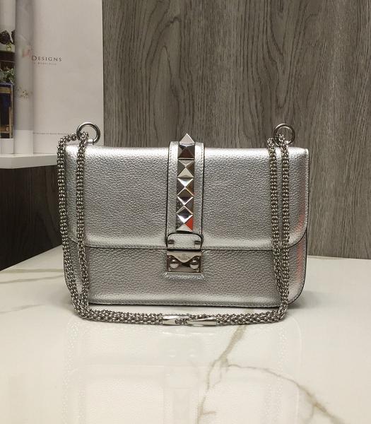 Valentino Silver Original Litchi Calfskin Leather 27cm Shoulder Bag