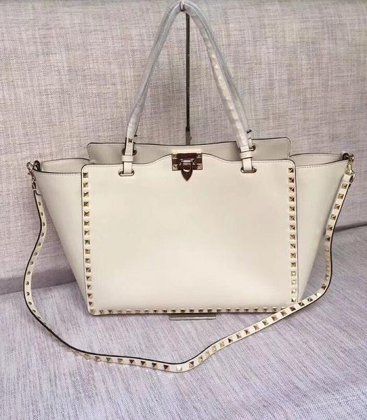 Valentino Rcckstud Golden Rivet Imported Plain Veins Calfskin Leather Shopping Bag White