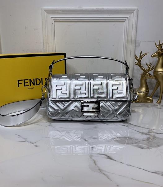 Fendi Baguette Roma Amor Silver Lambskin Leather Medium Tote Shoulder Bag