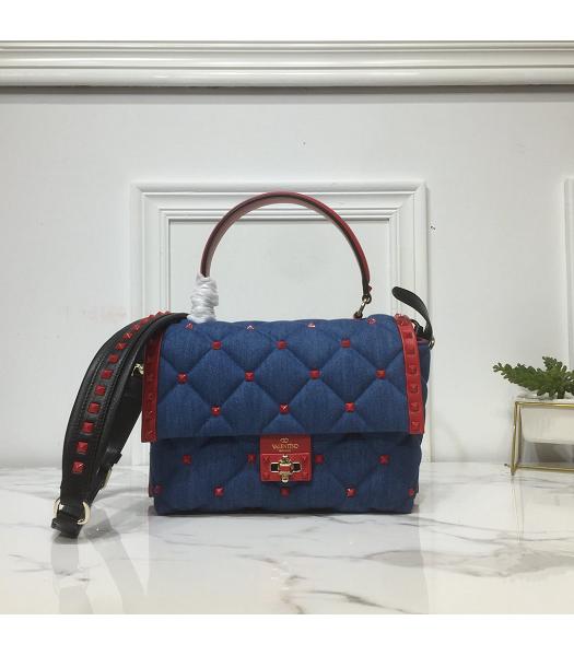 Valentino Original Blue Denim With Lambskin Tote Bag Red Rivets