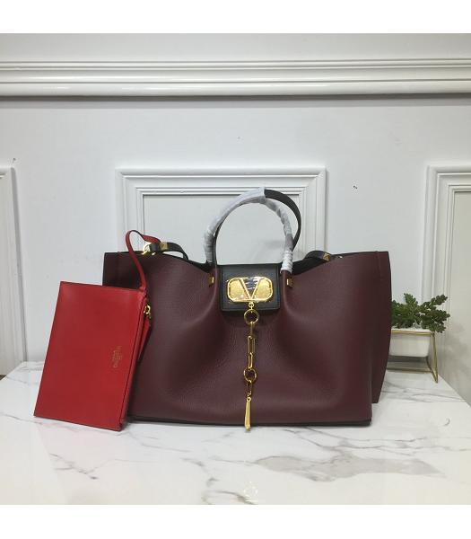 Valentino Original Calfskin Garavani Escape Shopping Bag Wine Red