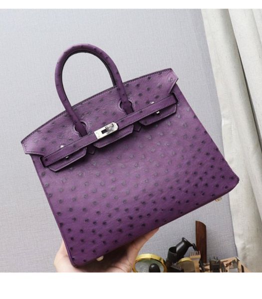 Hermes Birkin 25cm Bag Purple Real Ostrich Leather Silver Metal