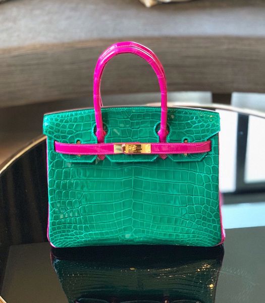 Hermes Birkin 30cm Bag Green Real Croc Leather Golden Metal