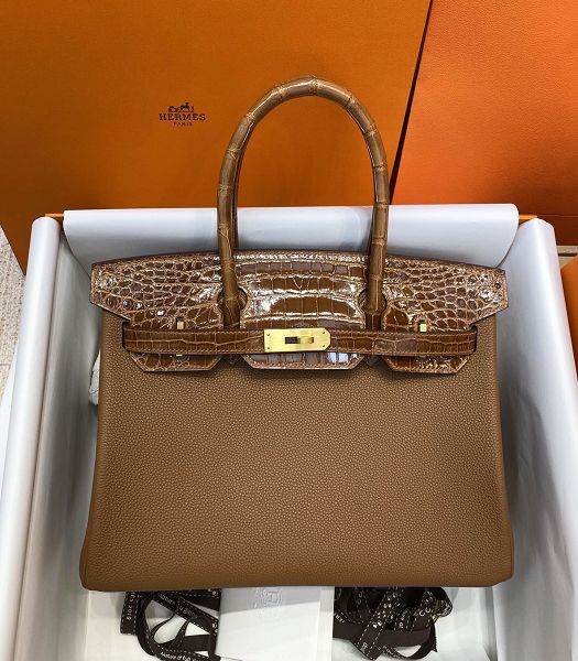 Hermes Birkin 30cm Bag Brown Real Croc Leather With Togo Leather Golden Metal