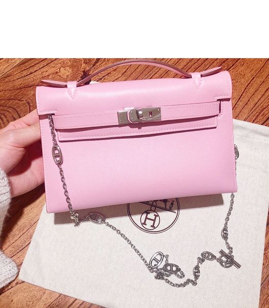 Hermes Kelly 22cm Bag Cherry Pink Imported Swift Leather Silver Metal