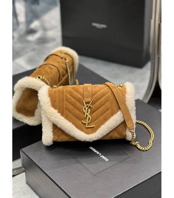 YSL Wool With Brown Original Scrub Leather 21cm Envelope Golden Chain Wallet