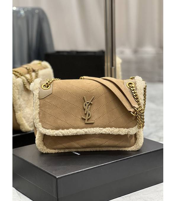 YSL Niki Apricot Wool With Original Scrub Leather Golden Metal 28cm Shoulder Bag