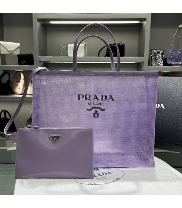 Prada Sequined Mesh With Original Leather Medium Tote Bag Purple