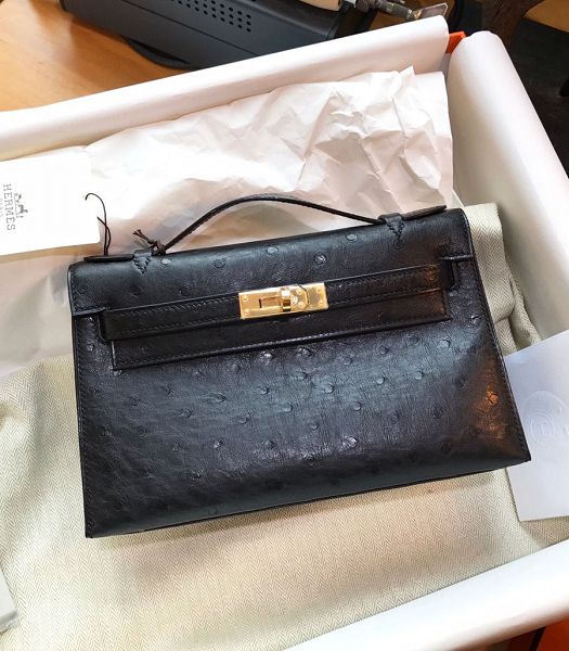 Hermes Kelly 22cm Bag Black Real Ostrich Leather Golden Metal