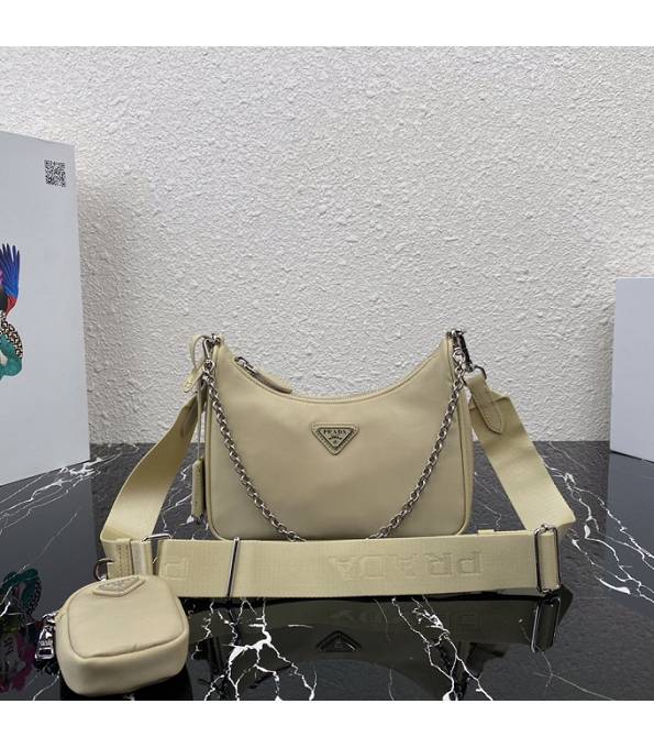 Prada Re-Edition 2005 Original Nylon Silver Logo Mini Hobo Bag Beige