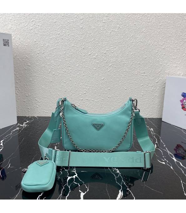 Prada Re-Edition 2005 Original Nylon Silver Logo Mini Hobo Bag Lake Blue