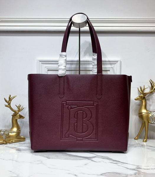 Burberry Embossed Monogram Motif Wine Red Real Leather Tote Bag